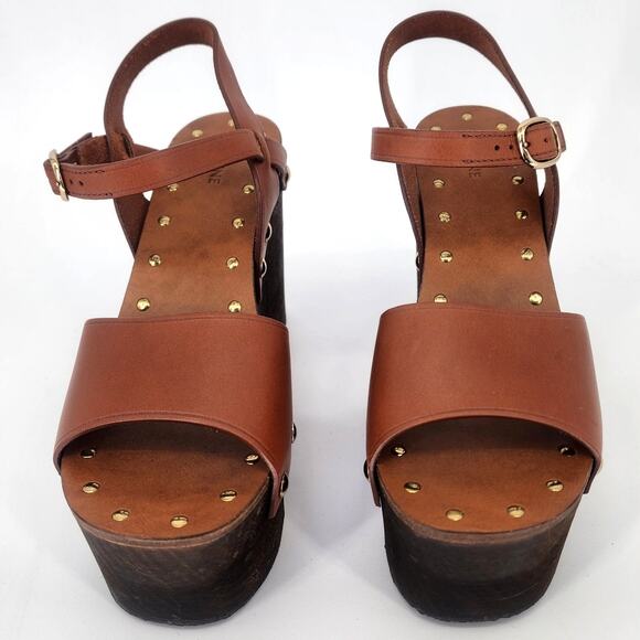 Celine Wooden Platform Wedge Sandals Tan Leather Gold Studs 37 (US 7) - Picture 4 of 17